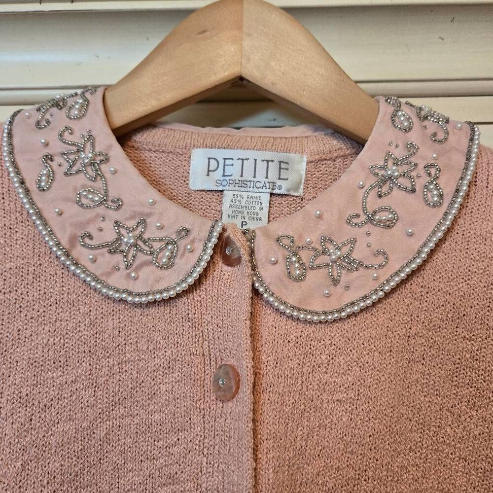 Vintage Petite Sophisticate Pink Beaded Cardigan S - Picture 2 of 11